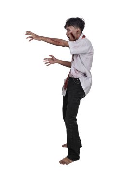 Yaralı el ayakta olan Asya zombi adam portresi 