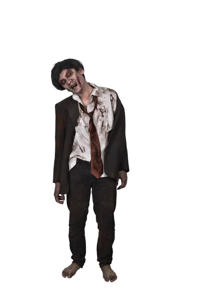 Retrato de ásia zombie homem no um terno com sangrento rosto — Fotografia de Stock