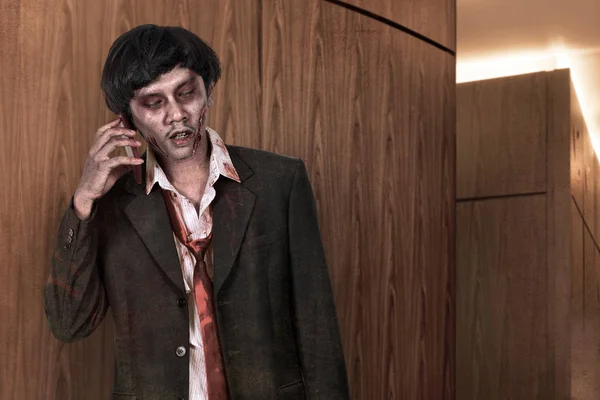 Assustador ásia zombie homem no terno chamada via celular — Fotografia de Stock