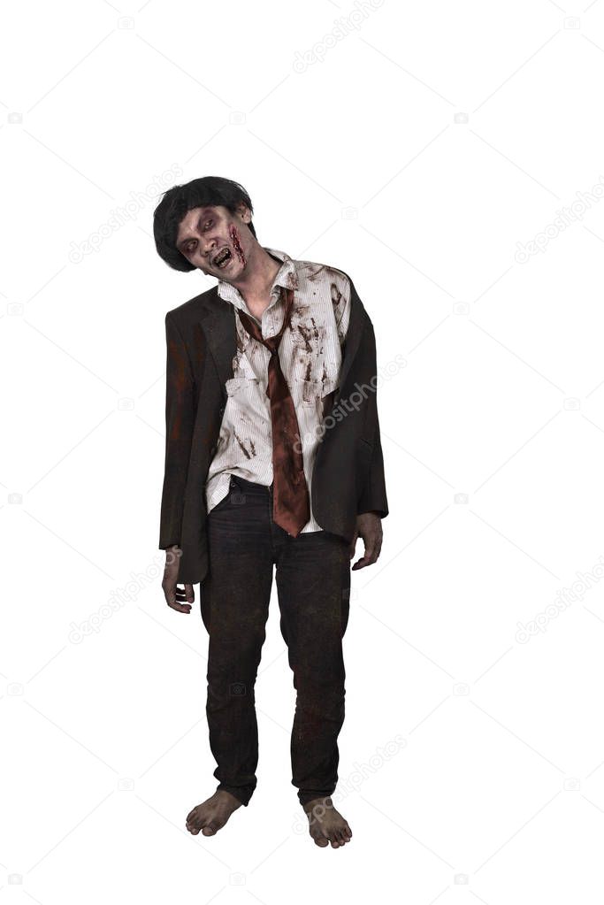 Portrait of asian zombie man in a suit with bloody face