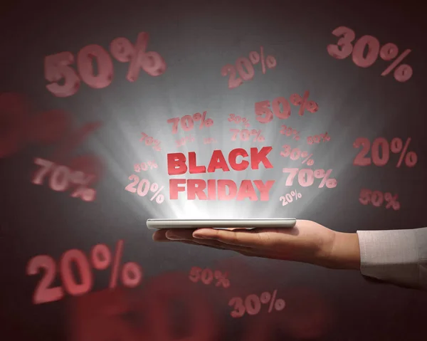 Menschen mit Tablet und Sonderverkauf am Schwarzen Freitag — Stockfoto