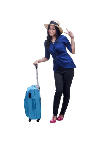 Asiatique femme dans chapeau avec une valise — Photo