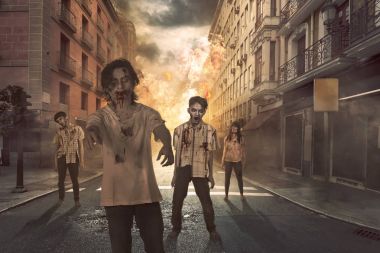 Grup Asyalı korkunç zombi sokakta geziyorum 