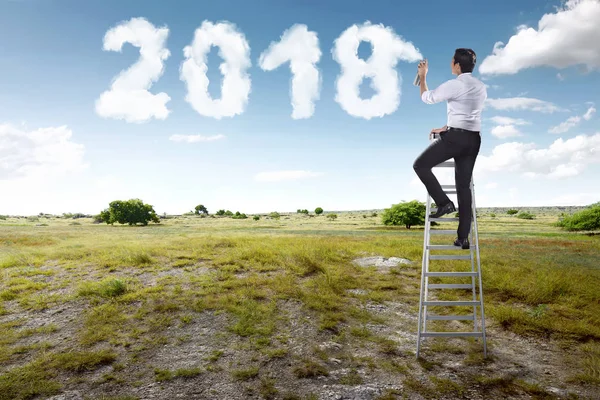 Businessman using stairs and spraying white cloud with 2018 shap