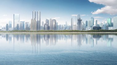 Gökdelen Binası ve yansıma nehirden ile modern cityscape