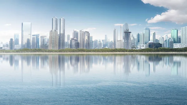 Moderna Stadsbilden Med Skyskrapa Byggnad Och Reflektion Från Floden — Stockfoto