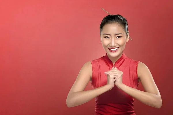 Chinese Vrouw Schoonheid Met Cheongsam Jurk Hand Gebaar Gelukkig Chinese — Stockfoto