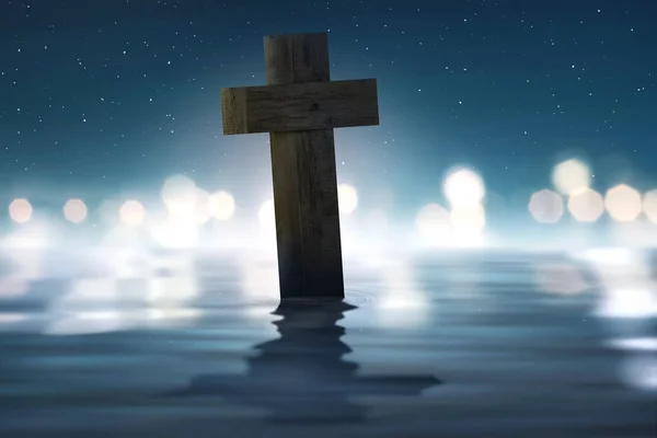 Christliches Kreuz Fluss Mit Verschwommenem Licht Der Nacht — Stockfoto