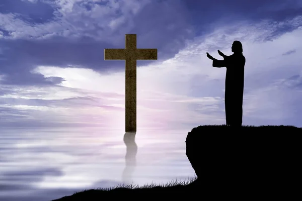 Silhouette Des Jesus Hebt Die Hand Und Betet Auf Dem — Stockfoto