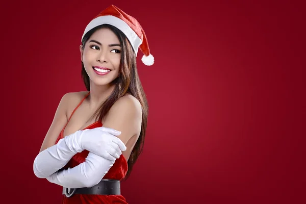 Retrato Mujer Asiática Con Traje Santa Claus Posando Sobre Fondo — Foto de Stock