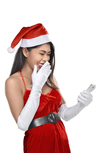 Portrait Asian Woman Santa Claus Costume Mobile Phone Isolated White — Stock Photo, Image