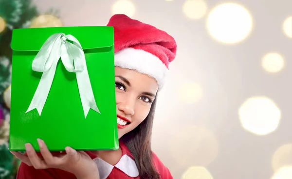 Beautiful Asian Woman Santa Hat Holding Xmas Gift Blur Light — стоковое фото