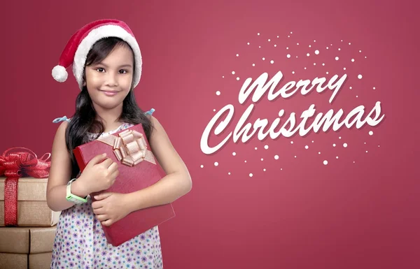 Lustige Asiatische Kind Trägt Weihnachtsmann Roten Hut Mit Weihnachtsgeschenk Über — Stockfoto