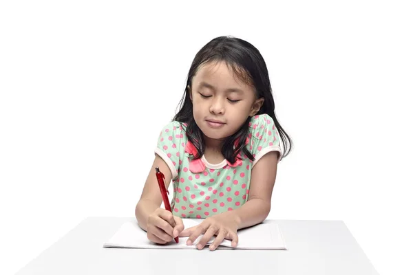 Asiático Niña Con Pluma Escritura Libro Aislado Sobre Blanco Fondo — Foto de Stock