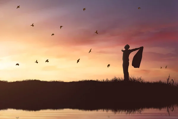 Силуэт Бизнесмена Сияющего Солнцем Летающими Птицами Закате — стоковое фото