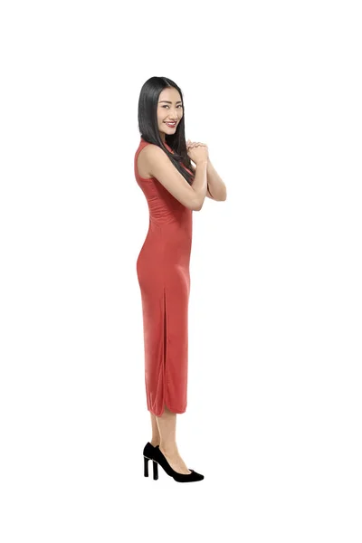 Portrait Chinese Woman Cheongsam Dress Gesture Congratulation Isolated White Background — Stock Photo, Image