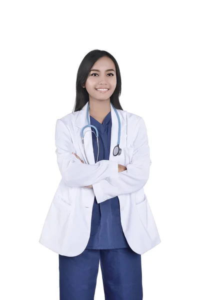 Portrait Asian Female Doctor White Coat Stethoscope Posing Isolated White — Stok Foto