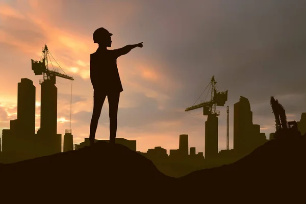 Silhouette Engineering Woman Hard Hat Pointing Project Construction Site Sunset — Stock Photo, Image