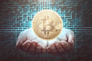 Erkek el bitcoin, Cryptocurrency konsepti tutarak