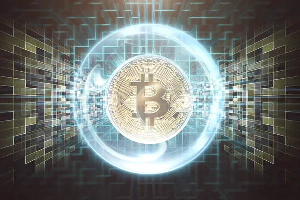 Gyllene Bitcoin Virtuella Sfären Över Konceptuell Bakgrund Kryptovaluta Koncept — Stockfoto