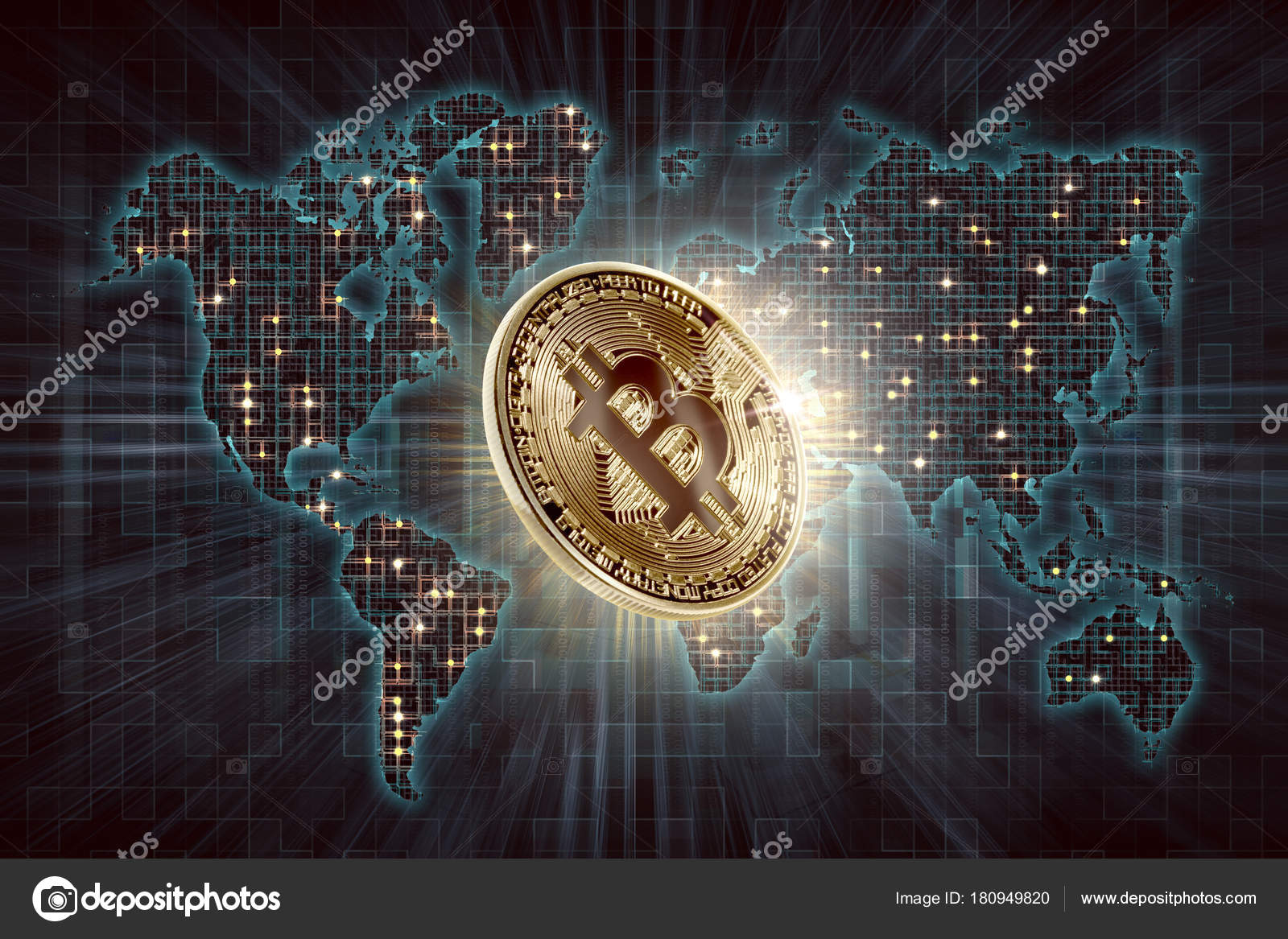 Bitcoin Ouro Digital Mapa Mundo Fundo Criptomoeda Conceito — Foto editorial  © leolintang #180949820