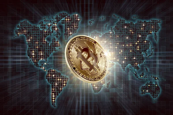 Oro Bitcoin Mapa Del Mundo Digital Fondo Concepto Criptomoneda —  Fotos de Stock