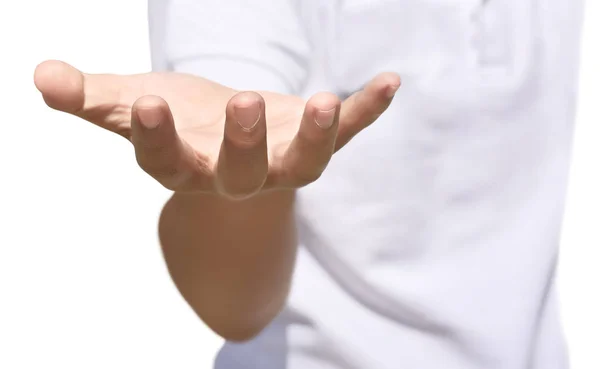 Αρσενική Χέρι Την Παλάμη Ανοιχτή Απομονωθεί Λευκό Φόντο — Φωτογραφία Αρχείου
