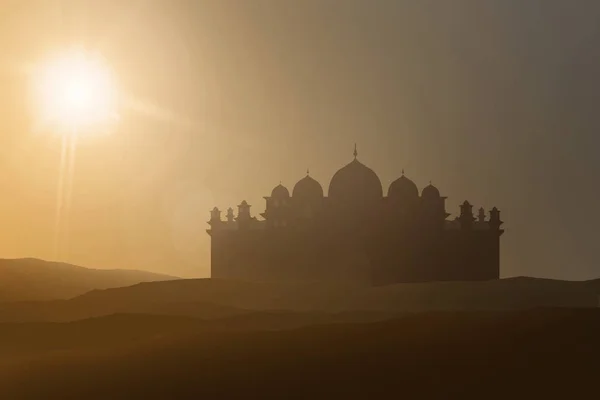 日落背景下的沙漠雄伟清真寺剪影 — 图库照片