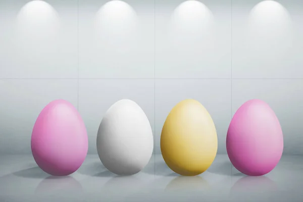 Satır Renkli Paskalya Yumurta Beyaz Duvar Arka Plan Işığı Ile — Stok fotoğraf