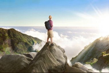 kayanın üzerinde duran ve manzaraya bakarak Asya backpacker