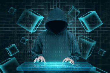 Hacker sanal klavye blockchain güvenlik Hack çalışıyor. Blockchain teknoloji kavramı