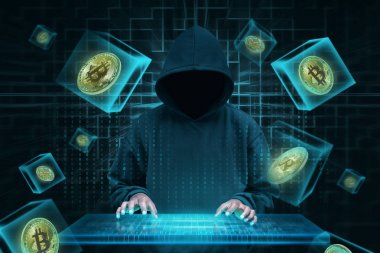 Sanal klavye kesmek bitcoin ağa çalışan adam. Blockchain teknoloji kavramı