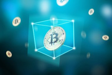 Altın bitcoin sanal kutusunu dijital arka plan ile. Blockchain teknoloji kavramı