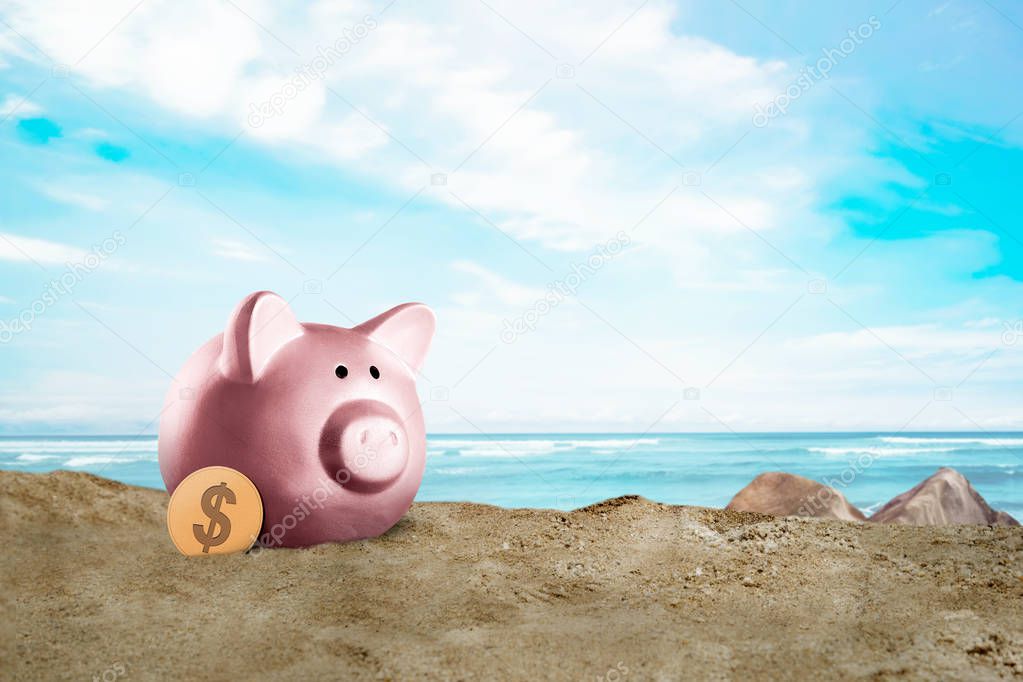Piggy bank with dollar coins on the beach. Summer saving concept