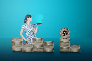 Yan görünüm bitcoin yığınları ile oturan dizüstü bilgisayar ile Asya iş adamı. Blockchain teknoloji kavramı