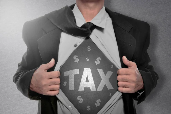 Empresário Arrancando Camisa Mostrando Sinal Imposto Conceito Imposto Sobre Bens — Fotografia de Stock