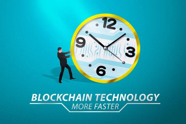 魅力的なアジア系のビジネスマンは 背景がデジタル時計を押します Blockchain 技術コンセプト — ストック写真