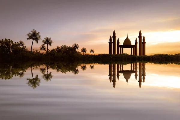 Reflet Belle Mosquée Sur Eau Coucher Soleil — Photo