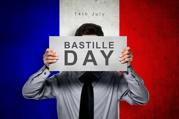 Tableau Maintien Homme Avec Message Jour Bastille Sur Fond Drapeau — Photo