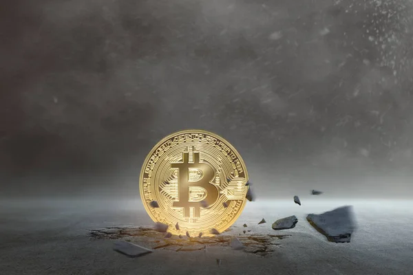 Die Goldene Bitcoin Münze Steht Auf Dem Boden Kryptowährungskonzept — Stockfoto