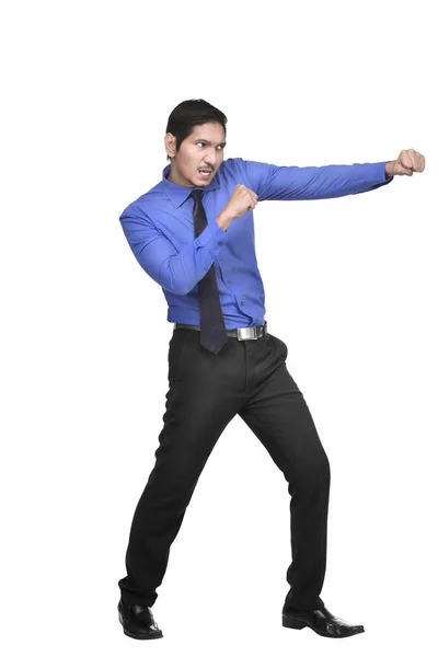 Attractive Asian Businessman Punching Something Isolated White Background — Stock Photo, Image