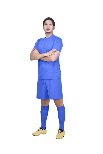 Jovem Jogador Futebol Asiático Com Camisa Azul Posando Isolado Sobre — Fotografia de Stock