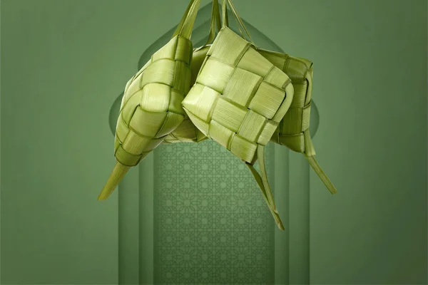 Ketupat Från Ung Kokosnöt Lämnar Hängande Med Moskén Bakgrund — Stockfoto