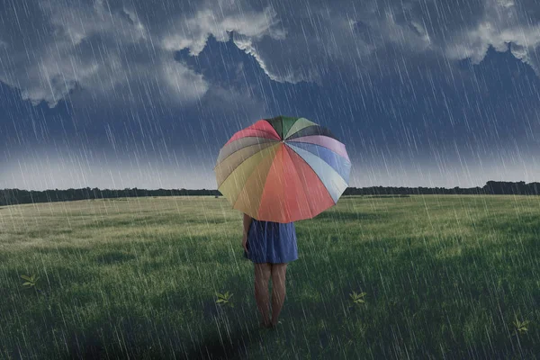 Porträtt Asiatisk Kvinna Innehar Paraply Det Gröna Fältet Regn — Stockfoto