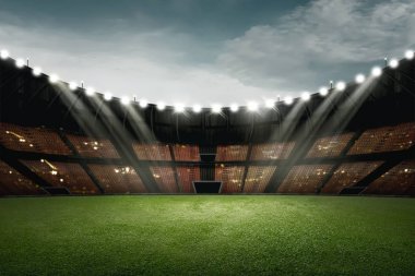 Futbol stadyum tasarımı ile yeşil çim ve ışık üzerinde gökyüzü arka plan aydınlatma için