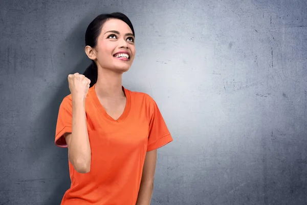 Excited Asian Soccer Player Woman Happy Expression Wall Background — Stock Photo, Image