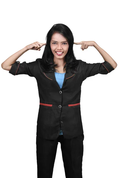 Asian Businesswoman Pointing Head White Background — Stock Photo, Image