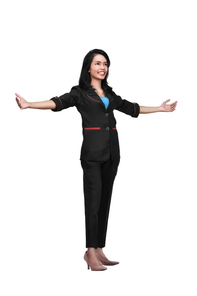 Asiatische Geschäftsfrau Steht Mit Offenen Händen Vor Weißem Hintergrund — Stockfoto