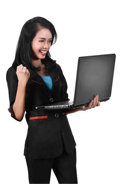 Asian Business Woman Holding Laptop Excited Expression White Background — Stock Photo, Image