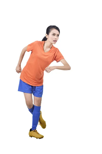 Asiatische Fußballerin Frau Zeigt Geschick Über Weißem Hintergrund — Stockfoto